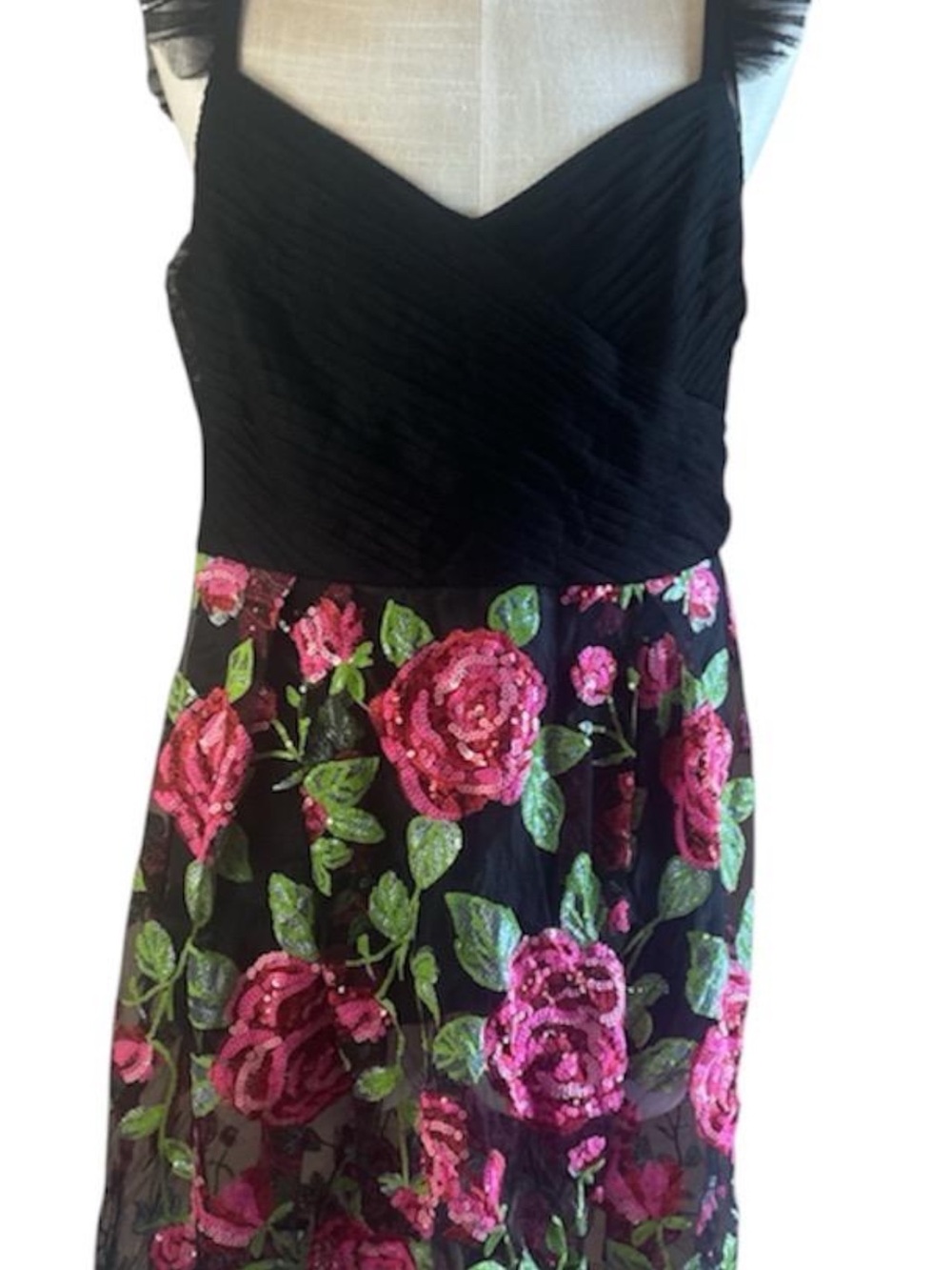 Strapless Black Dress with Pink Floral Sequin Skirt